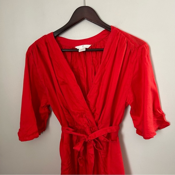 H&M LOGG Dress Red V-Neck Tie Waist Red Orange Casual Solid Neutral - Picture 2 of 10